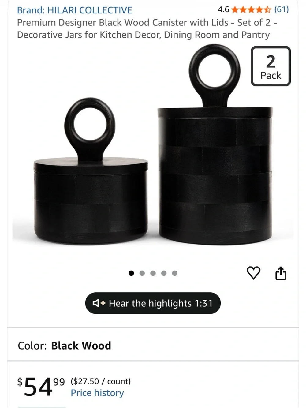 Black Decorative Storage Canisters - Set of 2